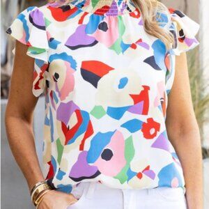 THML Colorful Smocked Mock Neck Ruffled Cap Abstract Print Blouse Sz M
